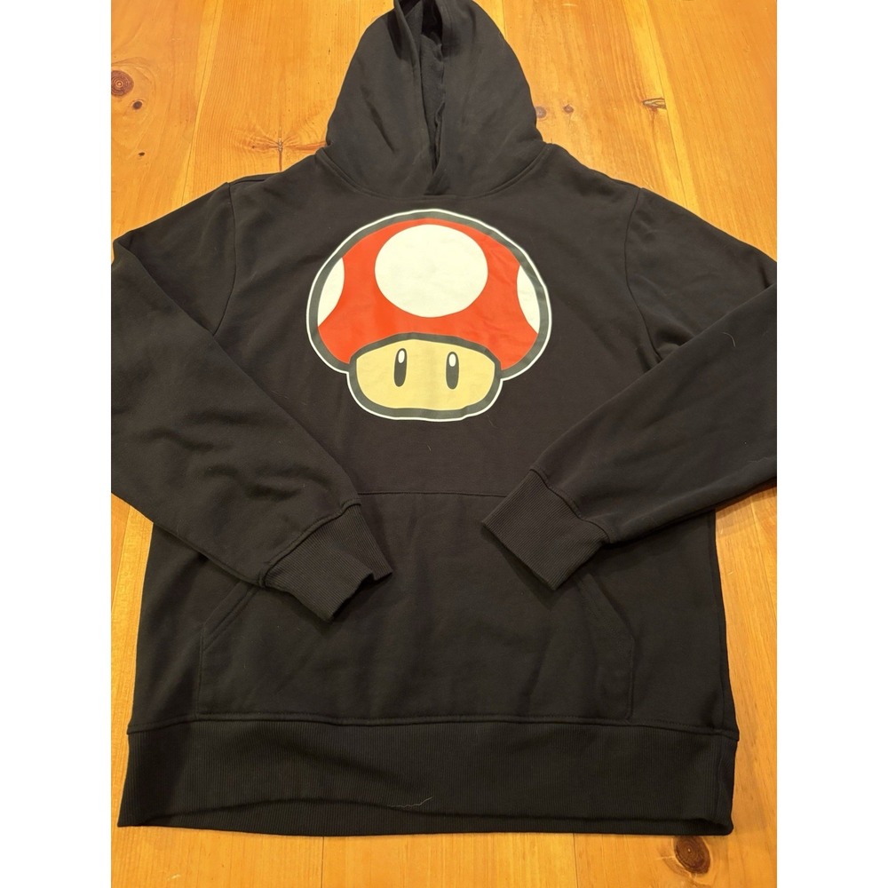Nintendo Super Mario 1-Up Mushroom Graphic Hoodie Black Pullover Men's M